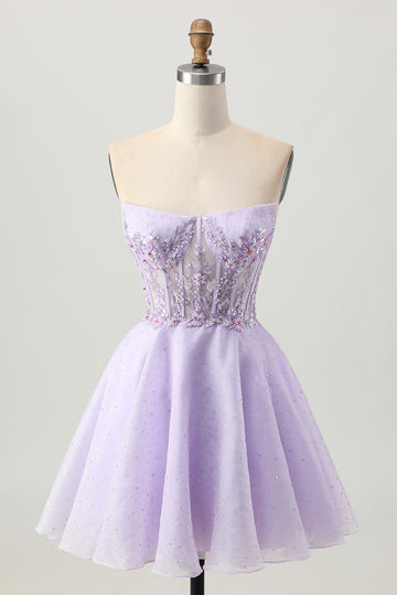 Scintillant Une ligne sans bretelles paillettes à lacets dans le dos Mini Robe De Cocktail lilas avec perles